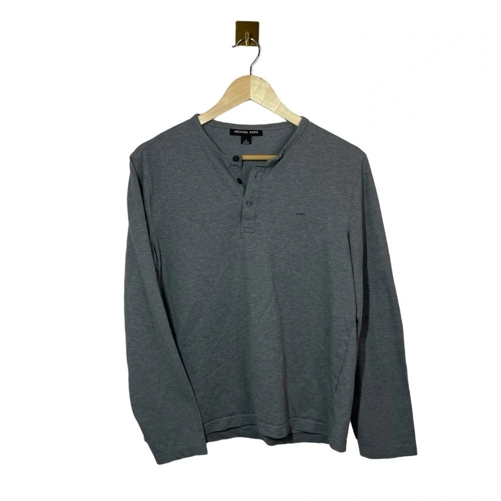 Michael Kors Long Sleeve Henley Shirt Grey Casual Knit Mens Medium
